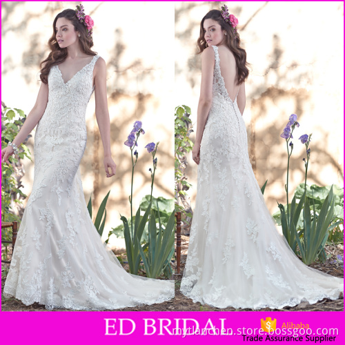 New Arrival Princess A-line V Neckline Allover Appliques Backless Lace Wedding Dresses